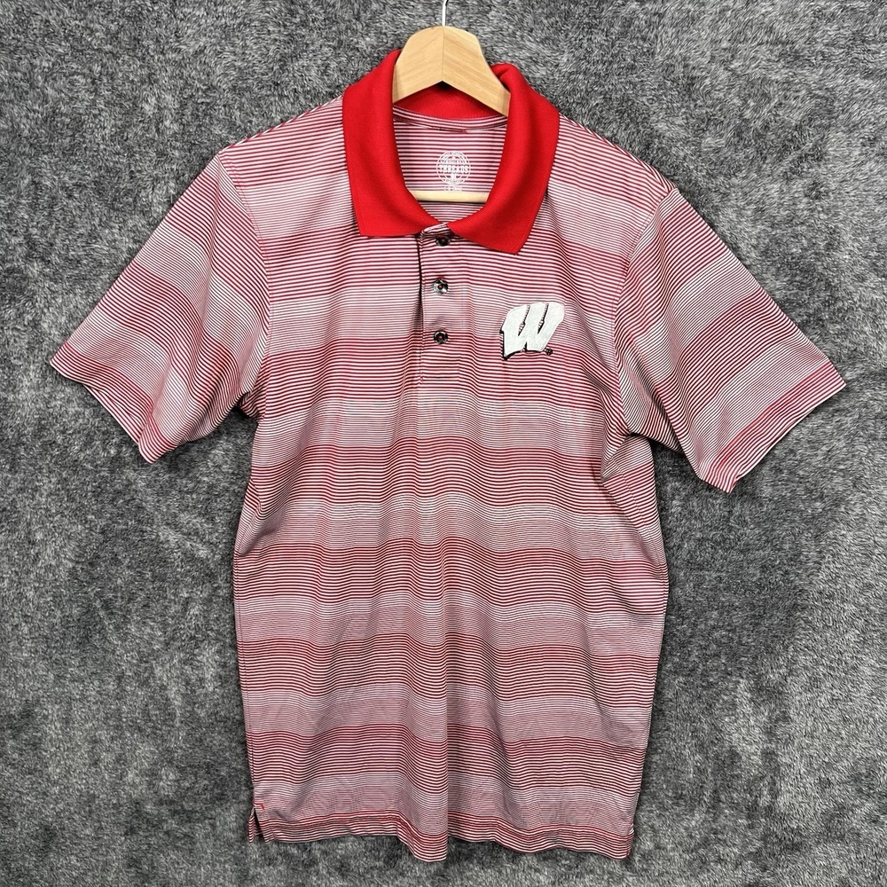 Wisconsin Badgers Polo Shirt Mens Medium Red White Striped Golf Preppy Active